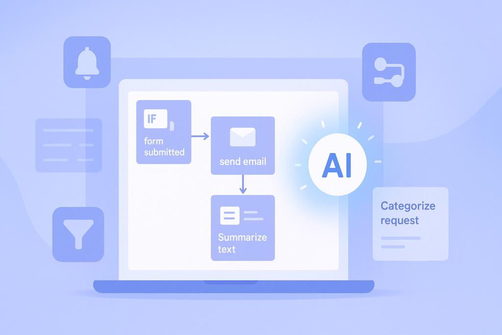 [how to generate your first app using AI] Flowchart diagram showing AI-powered steps for app development, including form submission, email sending, and text summarization.