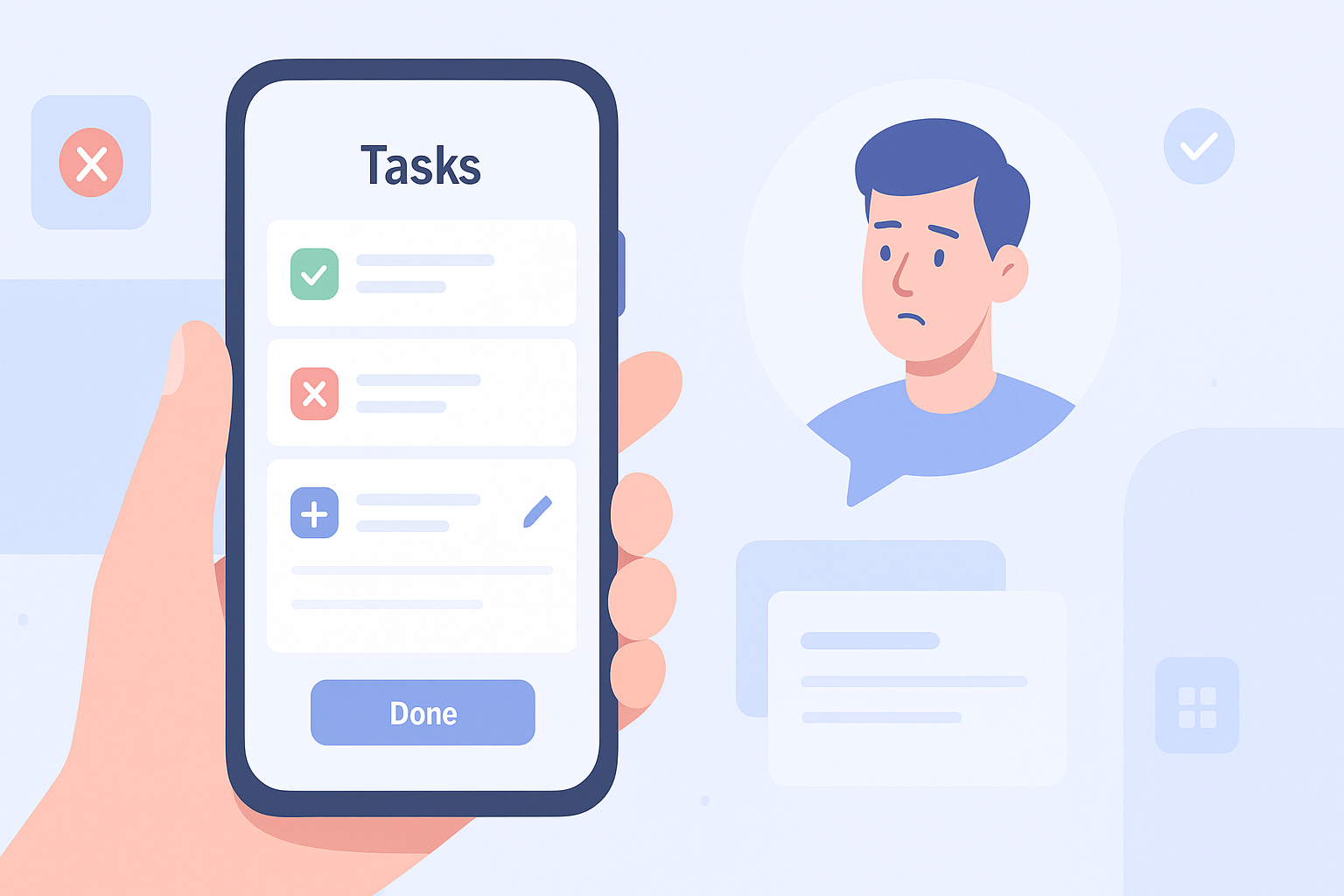 [how to generate your first app using AI] Smartphone screen showing a to-do list app with task completion indicators, alongside a user avatar.