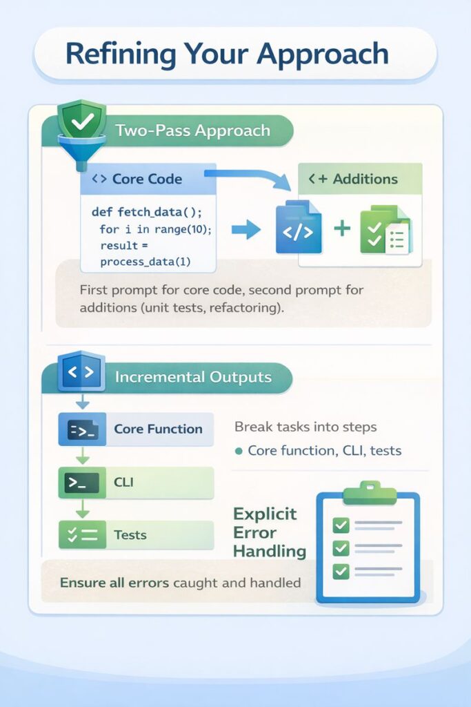 [how to prompt for specific coding languages] Infographic detailing a two-pass approach to crafting robust code prompts with core functionality and incremental additions.