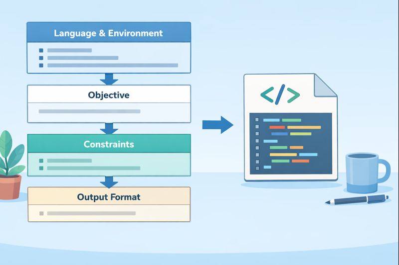 [how to prompt for specific coding languages] Infographic on structuring programming prompts based on language, environment, objectives, and output.