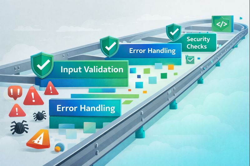 [how to prompt for specific coding languages] Illustrated guide on incorporating robust error handling, input validation, and security checks into coding prompts.
