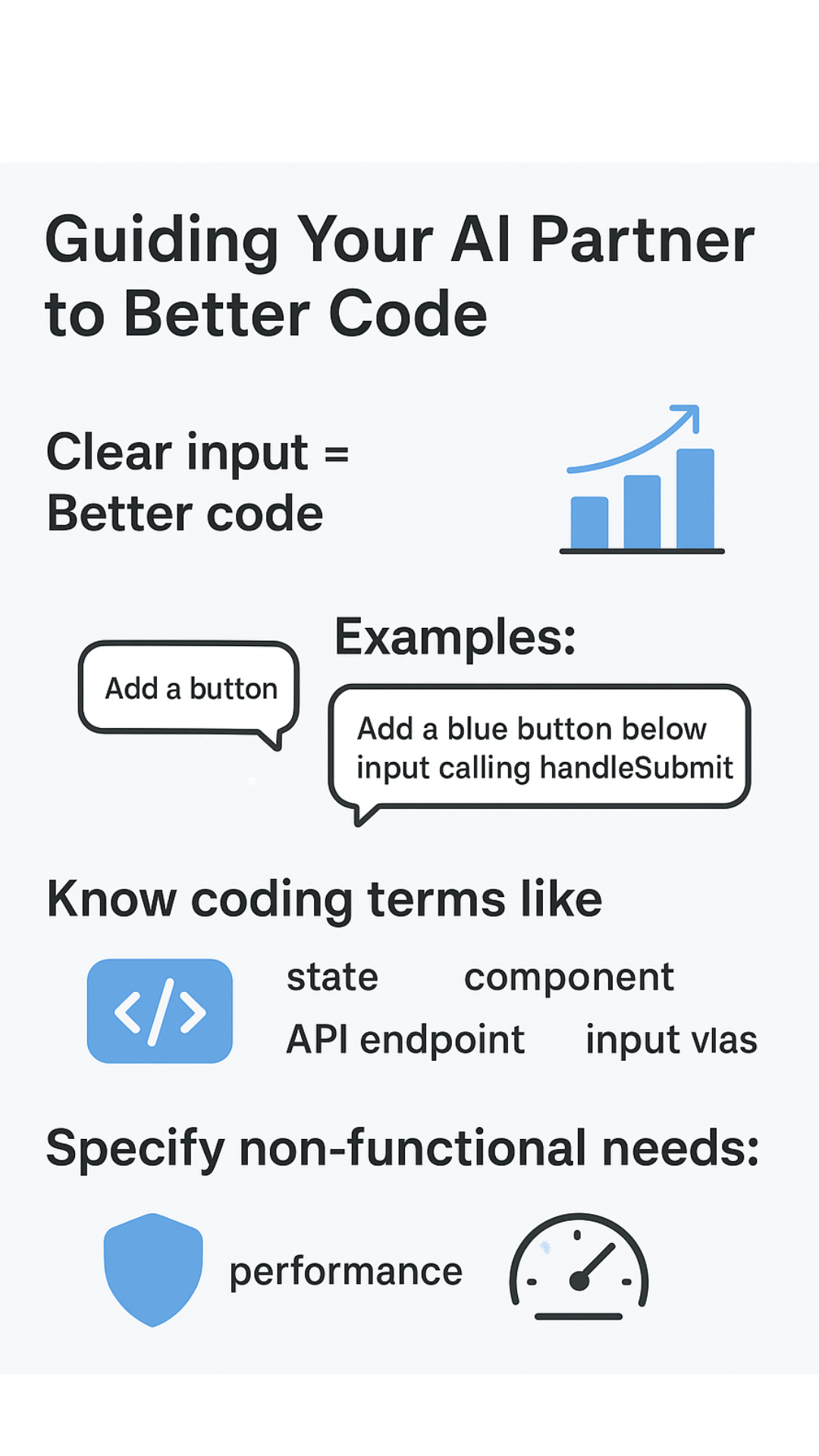 [how to set up a vibe coding environment] Infographic provides guidelines for working with an AI partner, including clear input, coding terminology, and performance considerations.