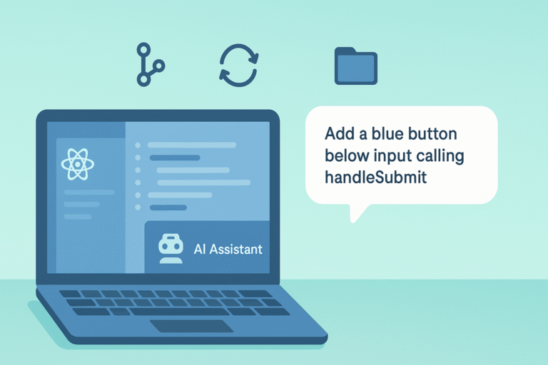 [how to set up a vibe coding environment] Laptop screen showing AI assistant interface with instructions for adding a blue button.
