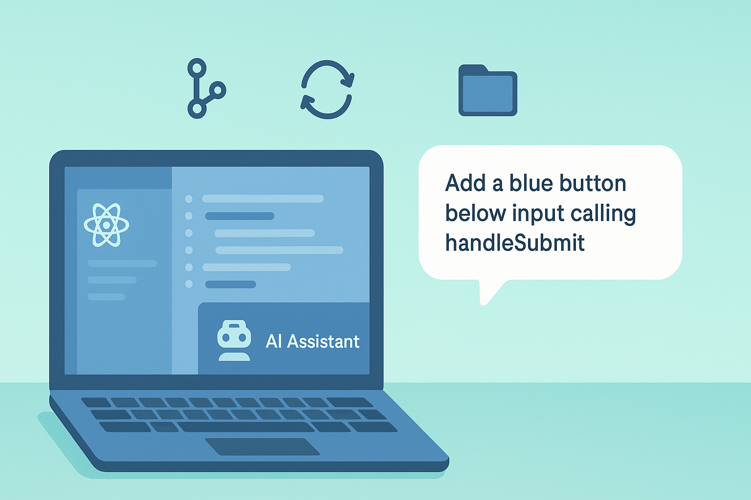 [how to set up a vibe coding environment] Laptop screen showing AI assistant interface with instructions for adding a blue button.