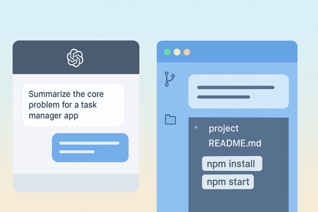 [how to set up a vibe coding environment] Screenshot showing instructions to summarize a core problem for a task manager app and project setup details.