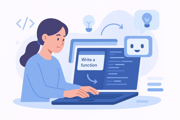 A person writing code on a laptop with AI-powered coding assistance.