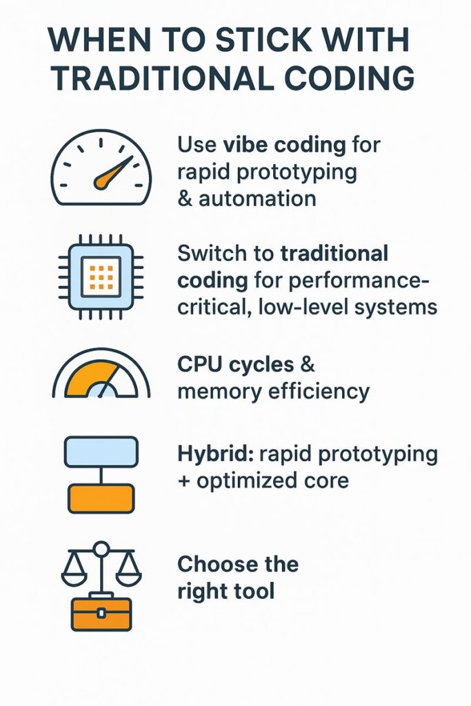 [how to transition from traditional to vibe coding] Guidance on when to leverage traditional coding vs. vibe coding techniques for optimal development.
