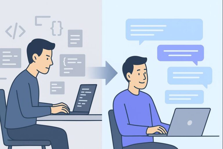 [how to transition from traditional to vibe coding] Two programmers collaborating on code, highlighting the shift from traditional to modern coding practices.