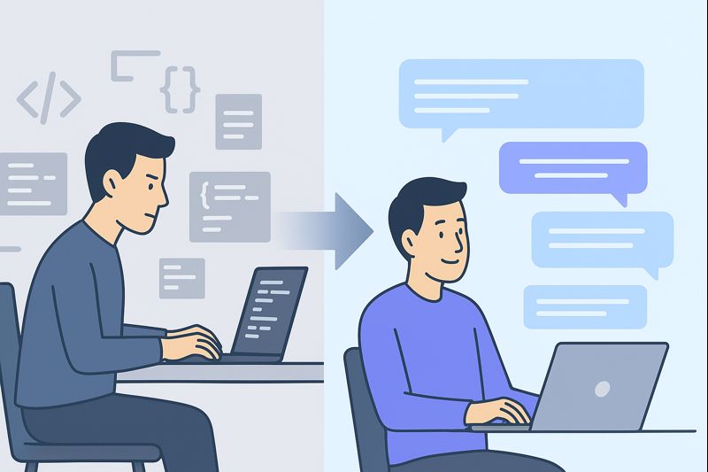 [how to transition from traditional to vibe coding] Two programmers collaborating on code, highlighting the shift from traditional to modern coding practices.