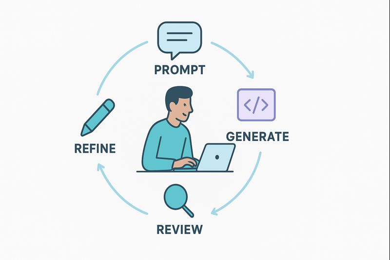 Explore the [how to transition from traditional to vibe coding] process: Prompt, generate, review, and refine code in a collaborative workflow.