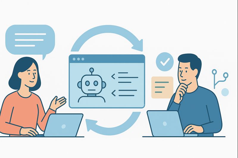 [how to transition from traditional to vibe coding] Developers collaborating with a chatbot, showcasing the integration of AI-powered tools in the coding process.