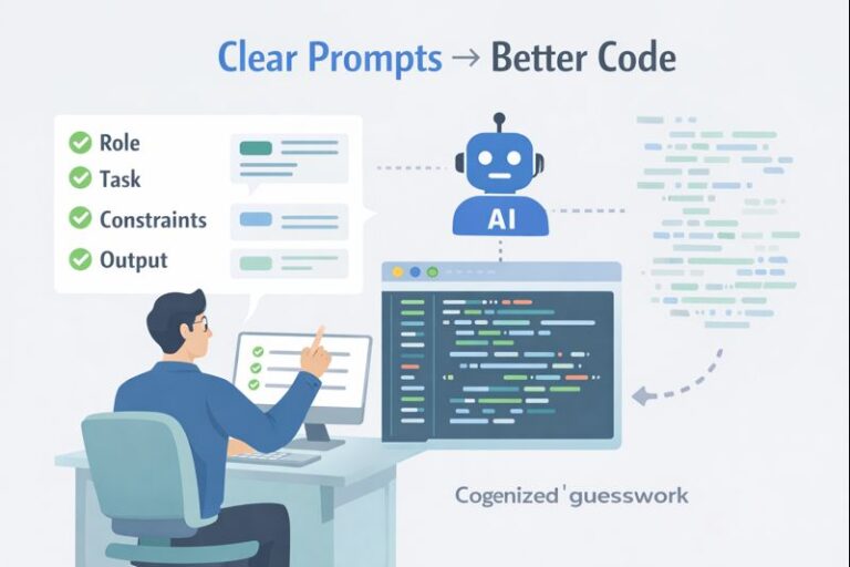 [How to write effective prompts for AI coders] - Illustration of clear prompts leading to better AI-generated code.