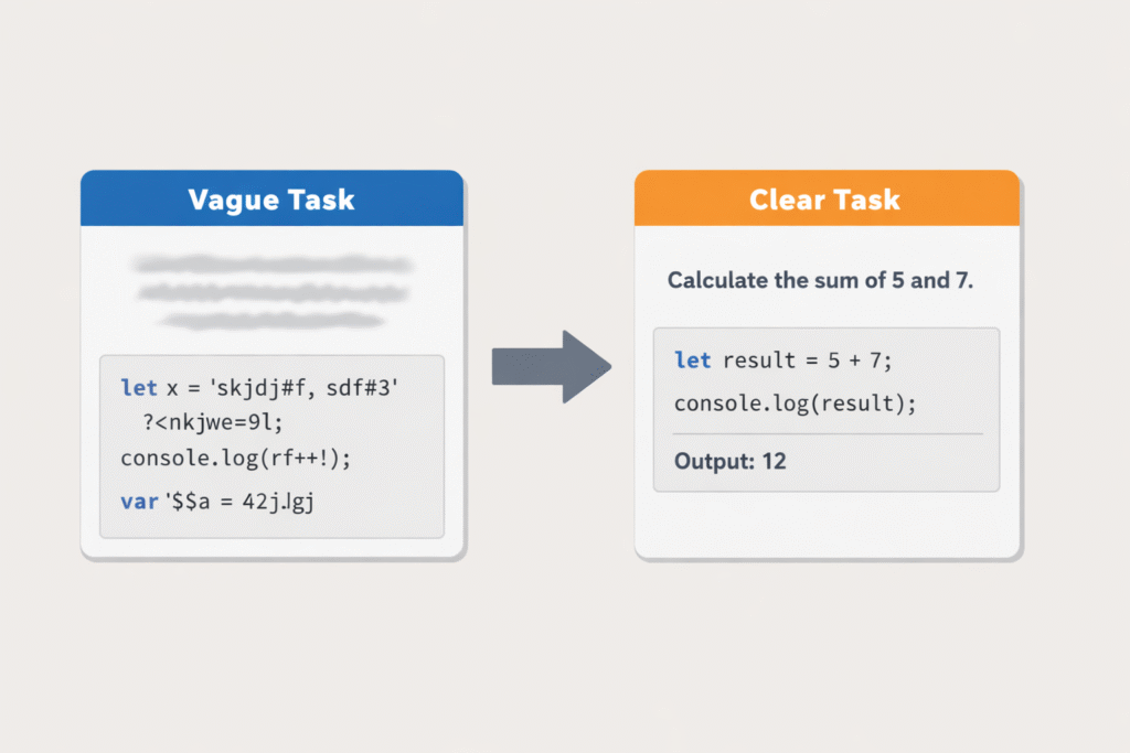 [How to write effective prompts for AI coders] - Comparison of vague and clear task prompts, demonstrating the importance of specificity.