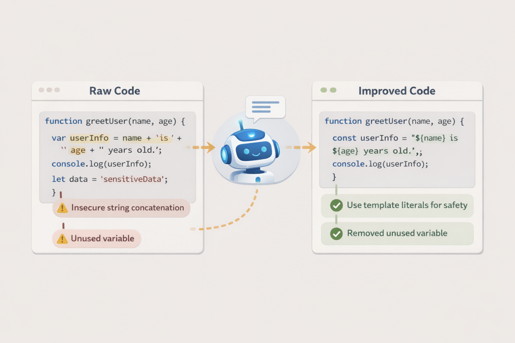 [How to write effective prompts for AI coders] - Comparison of raw, problematic code and its improved, optimized counterpart generated through clear prompting.