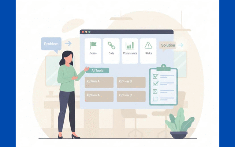 The image features a person interacting with a digital interface that showcases multiple AI tool options, emphasizing a structured decision-making approach.
