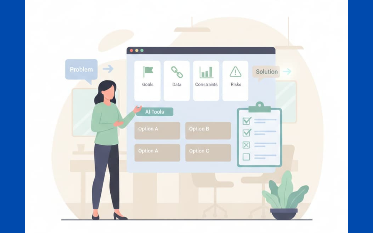 The image features a person interacting with a digital interface that showcases multiple AI tool options, emphasizing a structured decision-making approach.