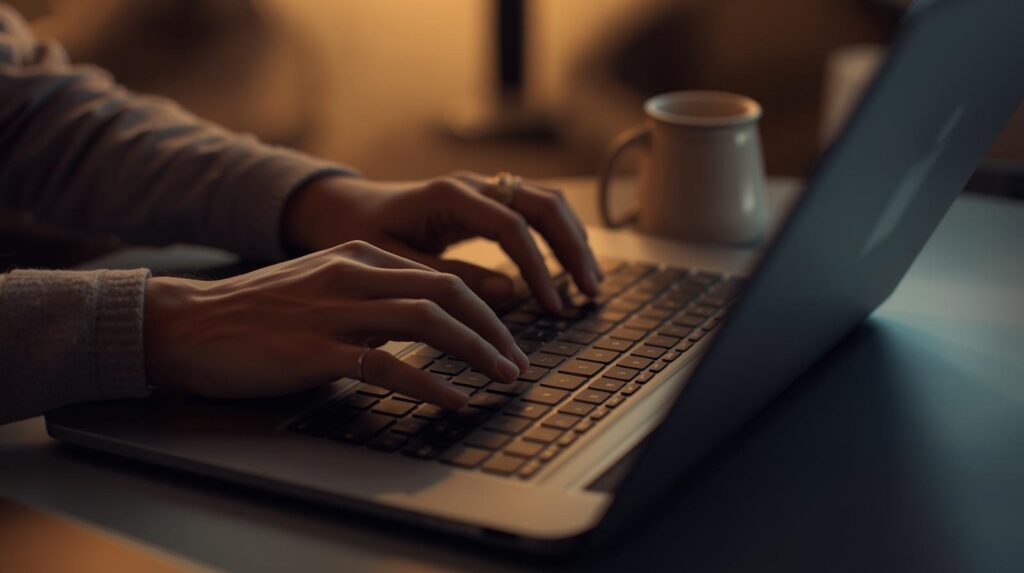 Hands typing examples of high-level functionality prompts on laptop keyboard with coffee nearby