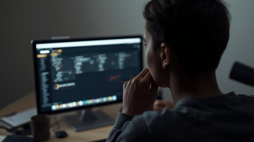 Developer reviewing examples of high-level functionality prompts on computer screen in dark workspace