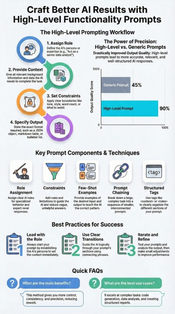 Infographic showing examples of high-level functionality prompts with workflow steps and best practices