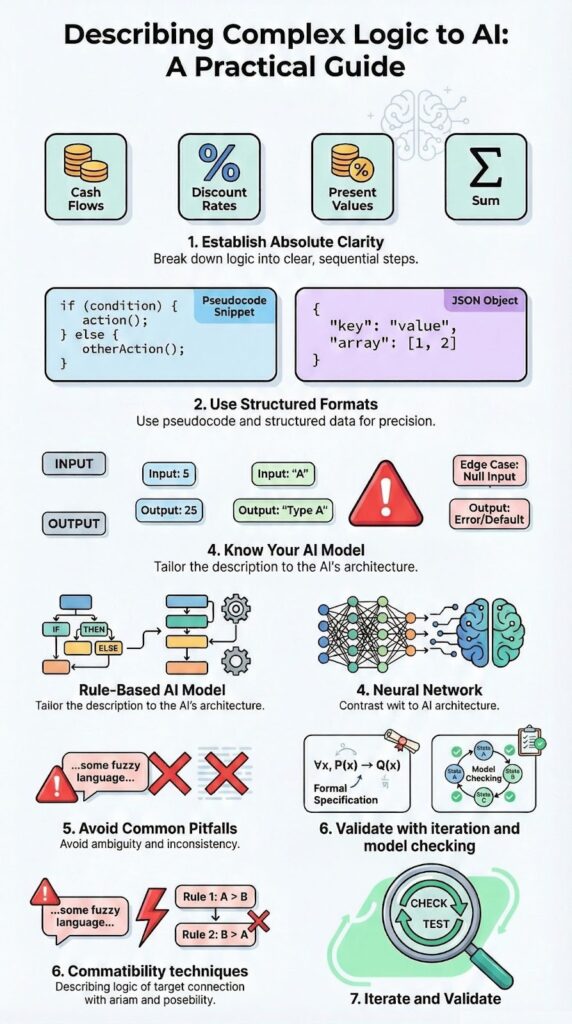 Guide on how to describe complex logic to an AI with structured formats, validation, and best practices