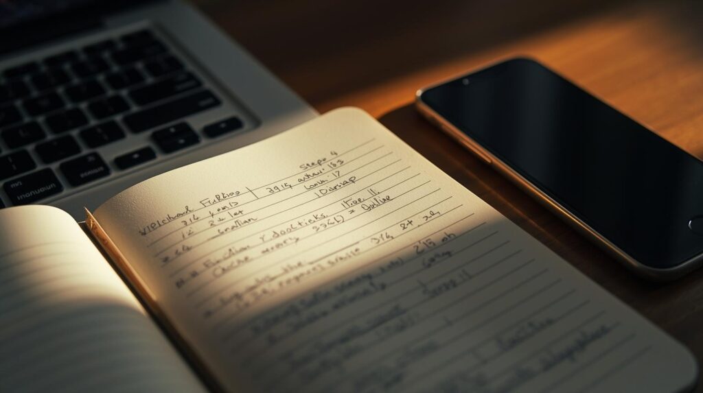 Handwritten notes showing how to describe complex logic to an AI using sequential steps and examples