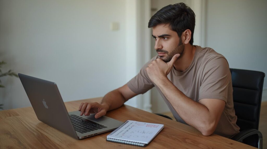 Developer learning how to describe complex logic to an AI while working on laptop with planning notes