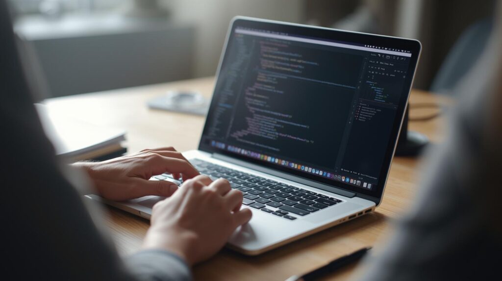Developer applying best practices for conversational code refinement while coding on laptop workspace