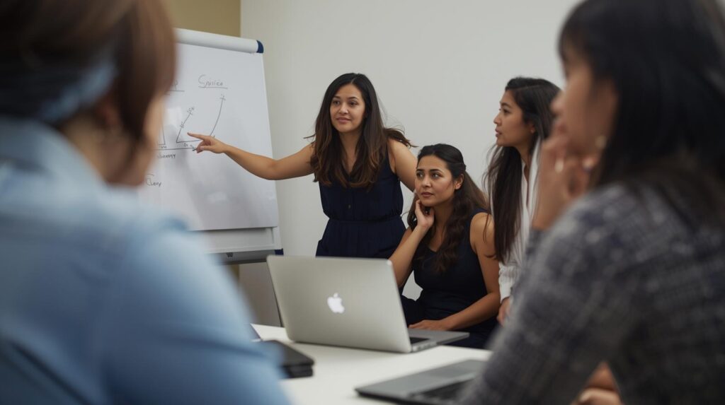 Team discussing best practices for conversational code refinement at whiteboard during collaboration