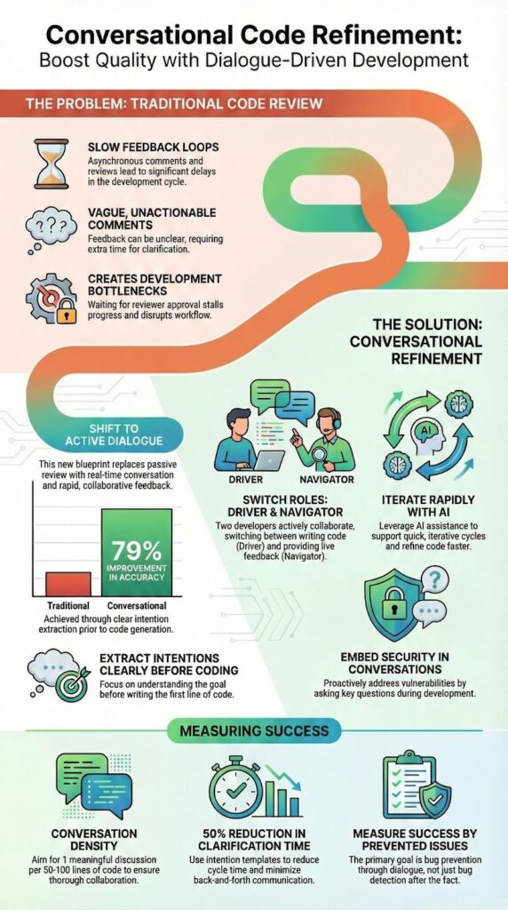 Infographic showing best practices for conversational code refinement with dialogue-driven development