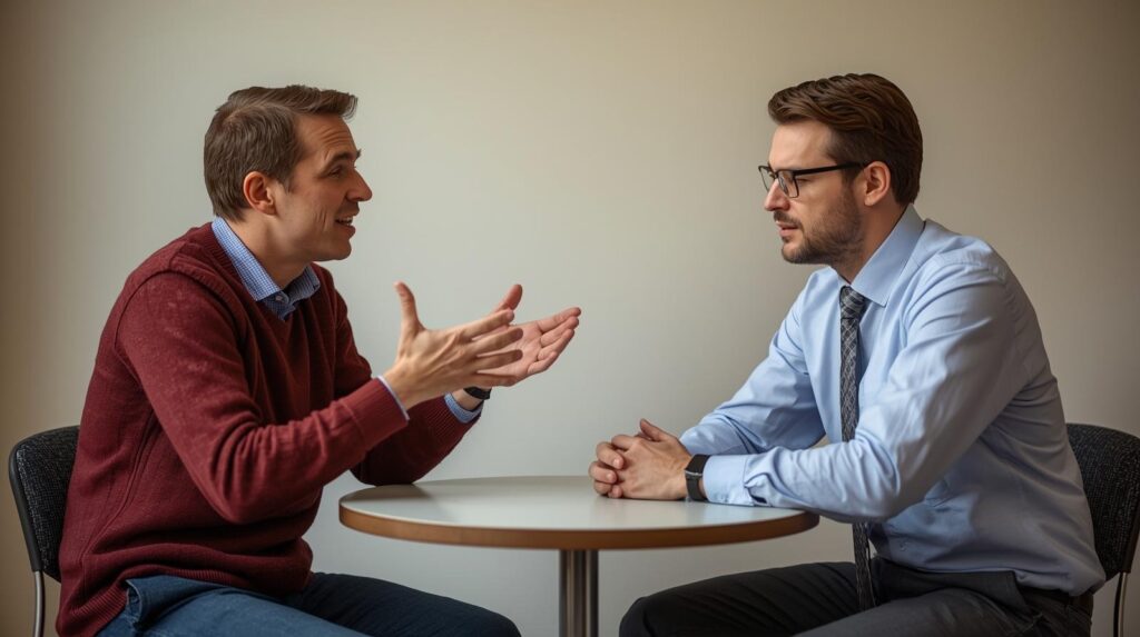Two professionals discussing what makes a good natural language instruction during collaborative meeting