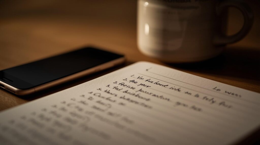Handwritten notes demonstrating what makes a good natural language instruction with numbered steps and coffee