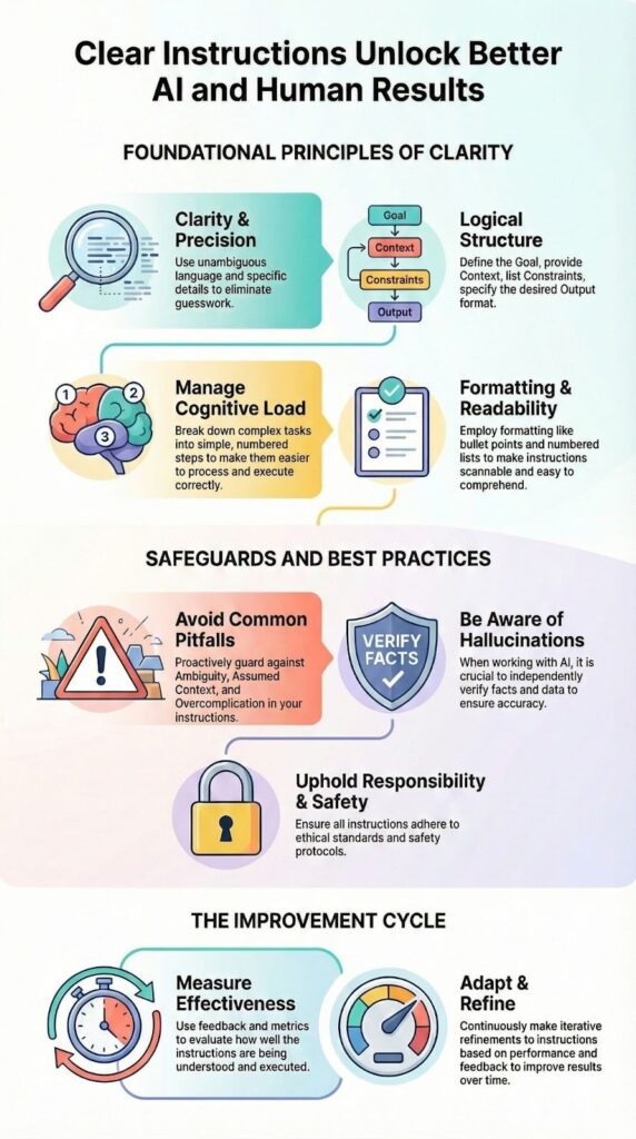 Infographic explaining what makes a good natural language instruction with clarity principles and practices
