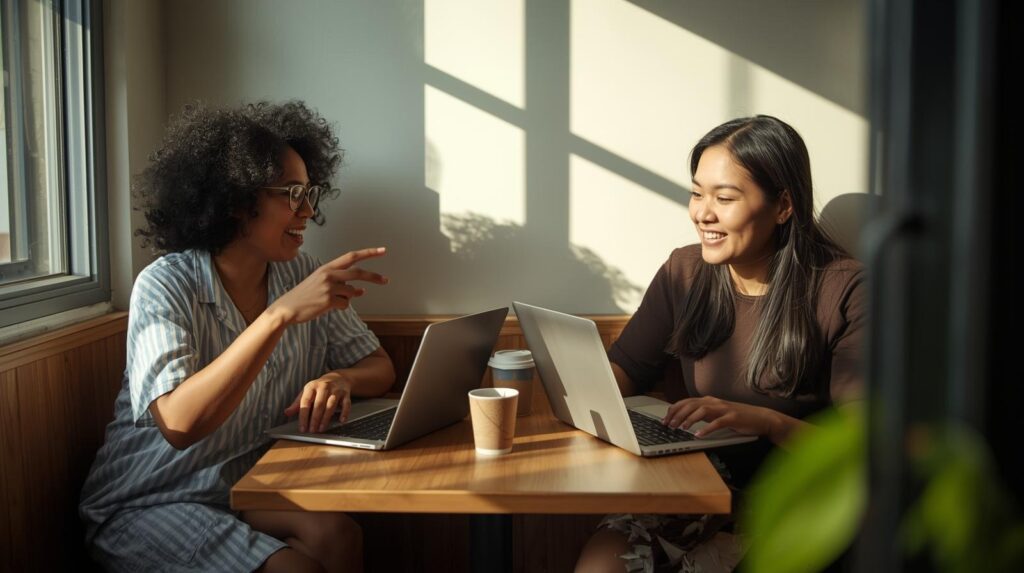 Two women collaborating and discussing why iterative prompting yields better results during work session