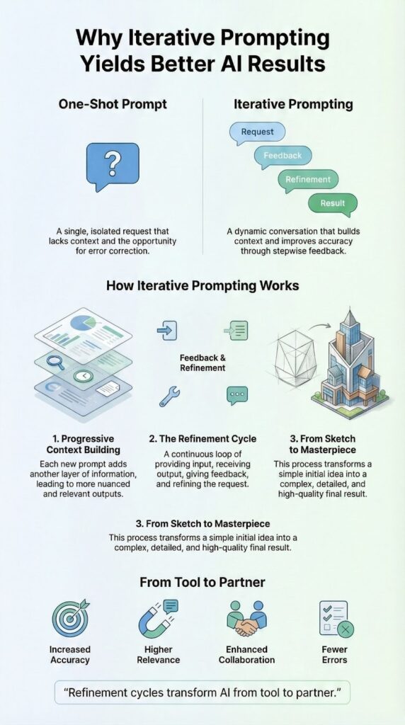 Infographic explaining why iterative prompting yields better results through feedback and refinement cycles