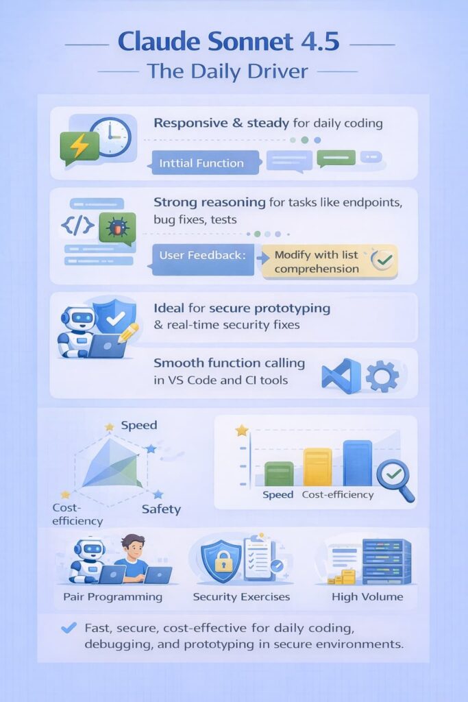 Sections illustrate various attributes, such as strong reasoning for debugging and secure prototyping, complemented by symbols for cost-efficiency and safety.