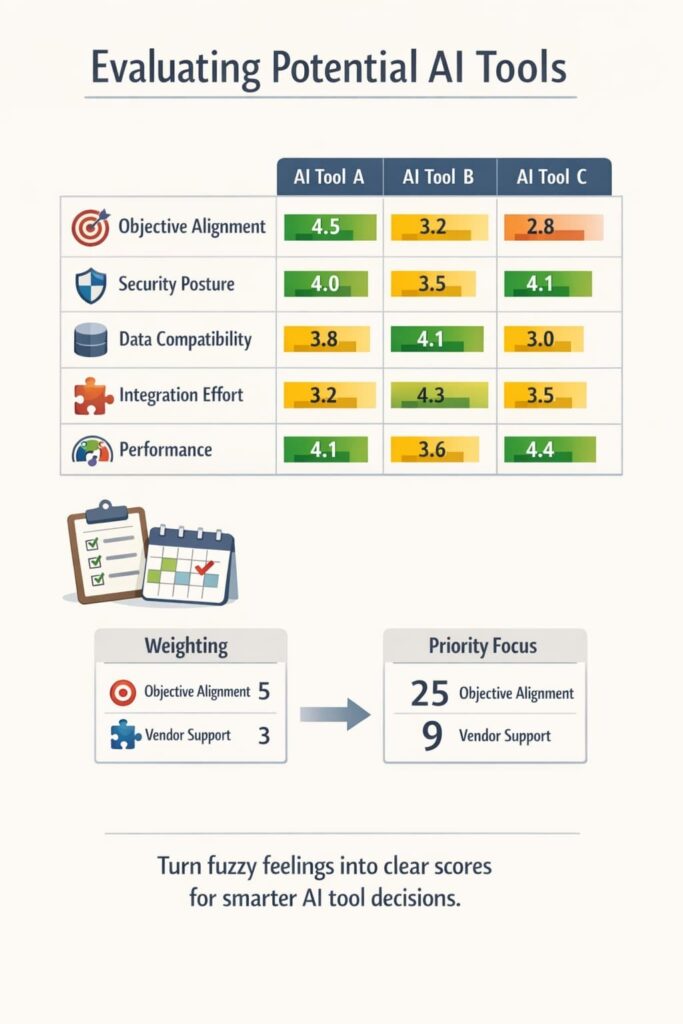 The image depicts a structured evaluation method featuring scores and weighting factors for different AI tools, highlighting key decision criteria for selecting the best option.