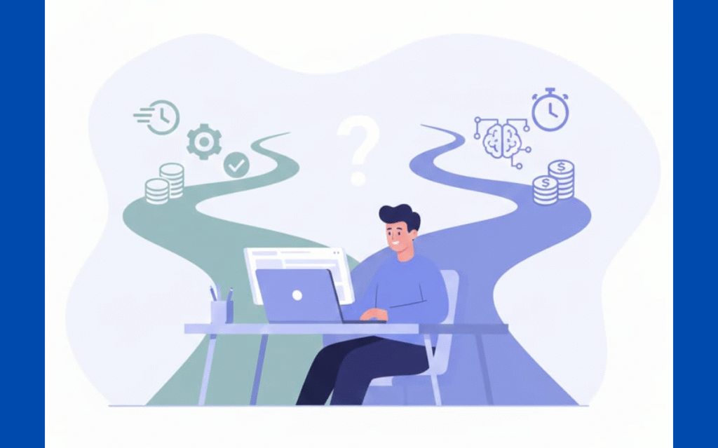 Visual elements around the developer depict gears, money symbols, and brain icons, representing the criteria for selecting the best AI models.