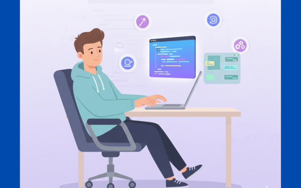 The user smiles as they interact with advanced coding features and visual tools floating around, representing the enhanced support provided by AI in coding tasks.