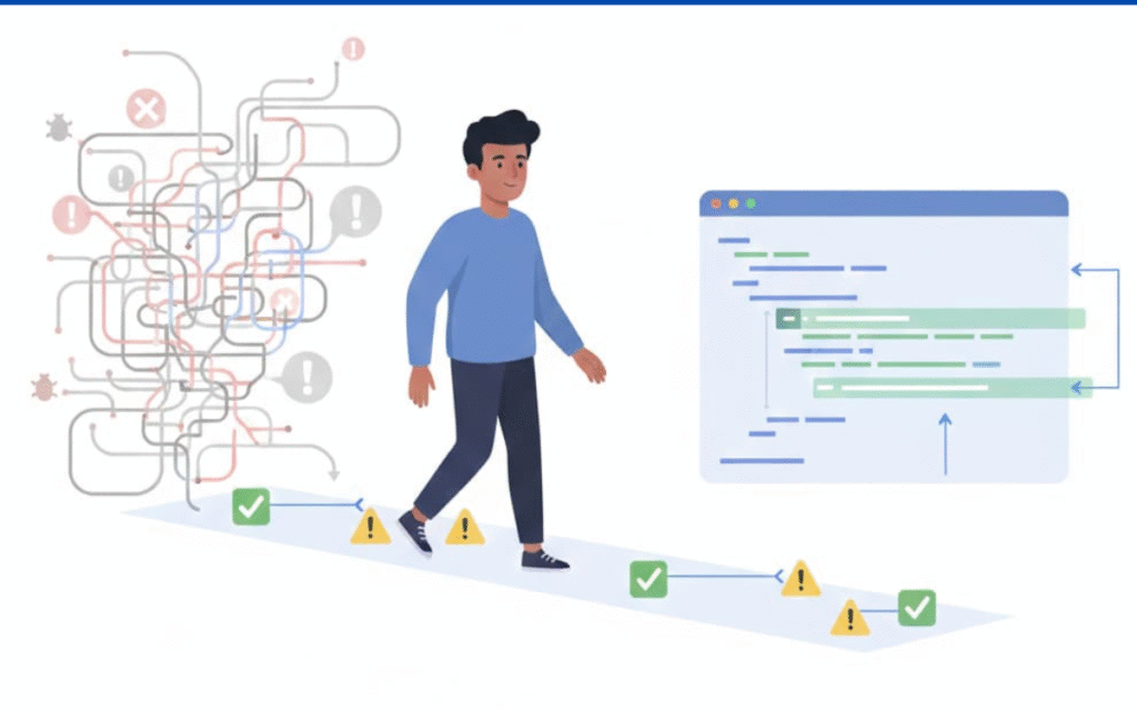 An individual navigates a complex maze of warning signs, symbolizing the clarity and efficiency integrated AI editors bring to problem-solving in coding environments.