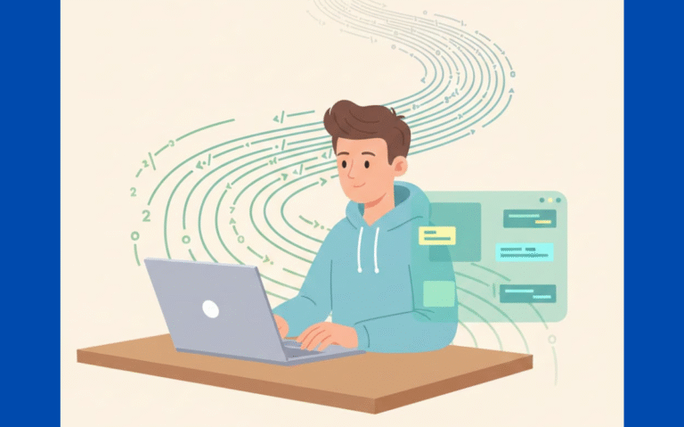A user interacts with a laptop while dynamic coding elements circulate around them, showcasing the power of AI in simplifying complex tasks and improving workflow.