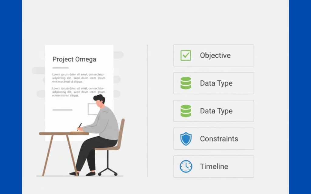 A person sits at a desk focused on a project outline labeled "Project Omega," with important factors like objectives, data types, constraints, and timelines visually represented alongside.