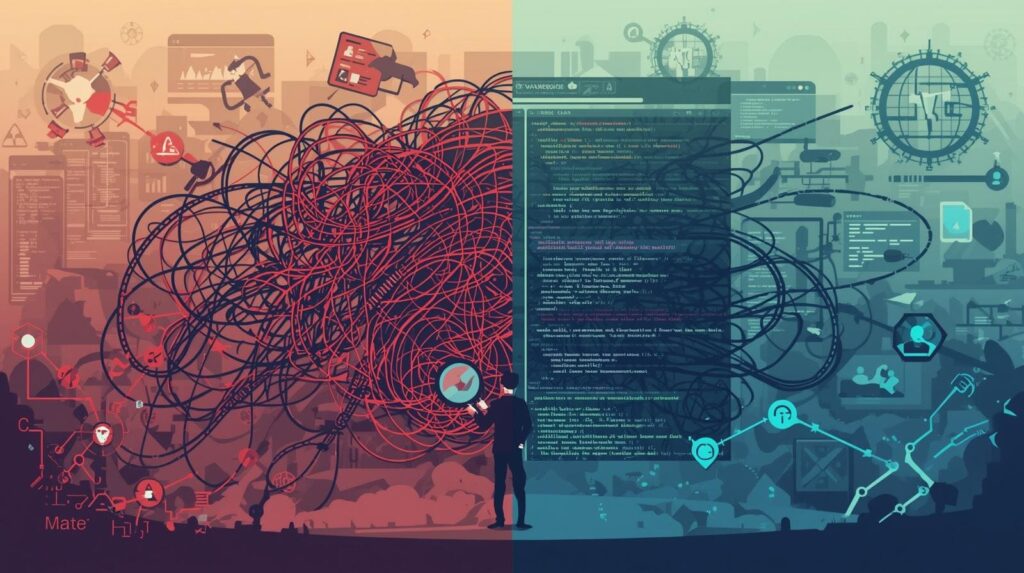Split-screen conceptual illustration showing a transition from chaotic, tangled red scribbles on the left to organized, structured green data networks on the right.