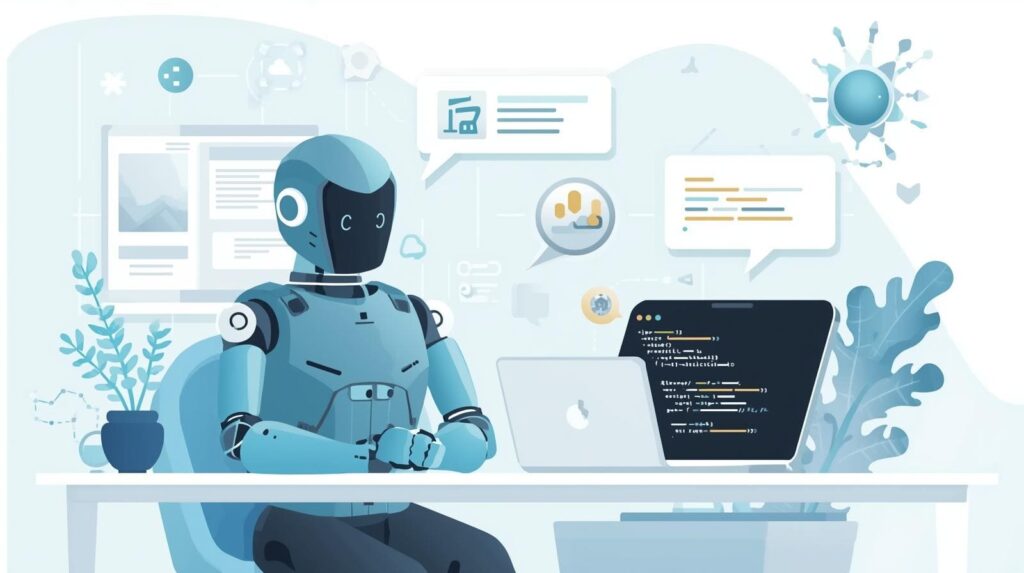 Illustration of a humanoid robot sitting at a desk writing code on a laptop.