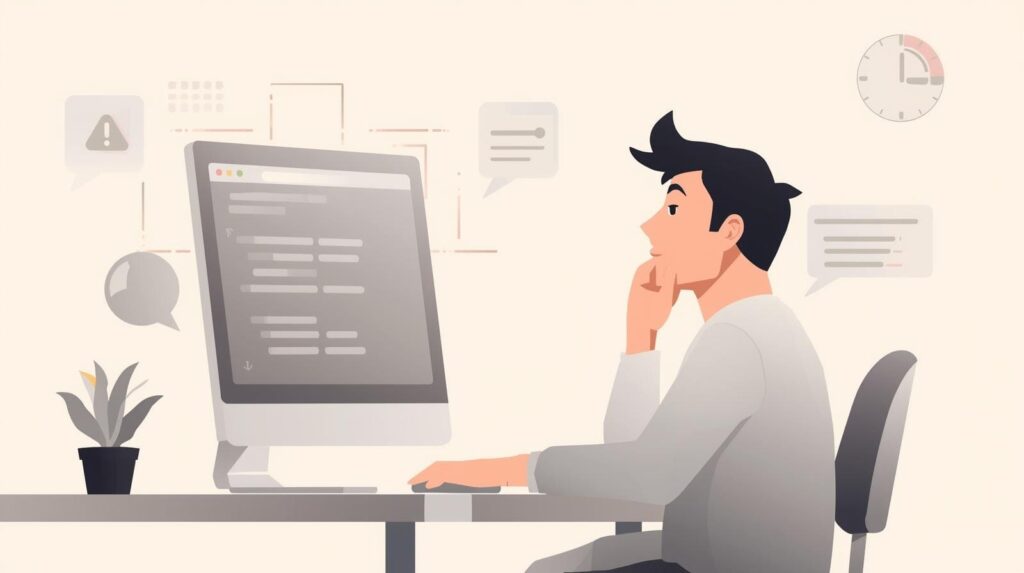 Illustration of a developer sitting at a computer, deep in thought with UI elements floating in the background.
