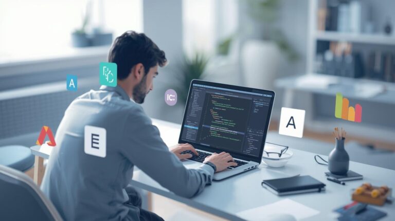 A man sitting at a desk typing on a laptop with various app icons floating in the air around him.