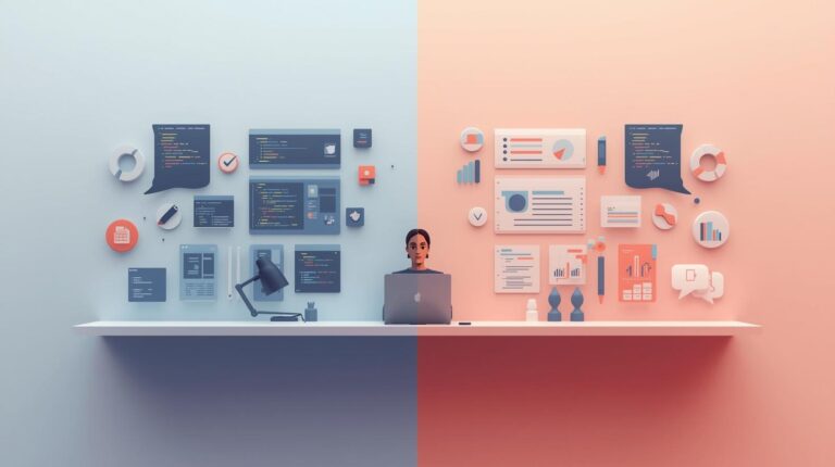 Minimalist split-screen illustration showing a developer at a desk with a blue interface on the left and a pink interface on the right.