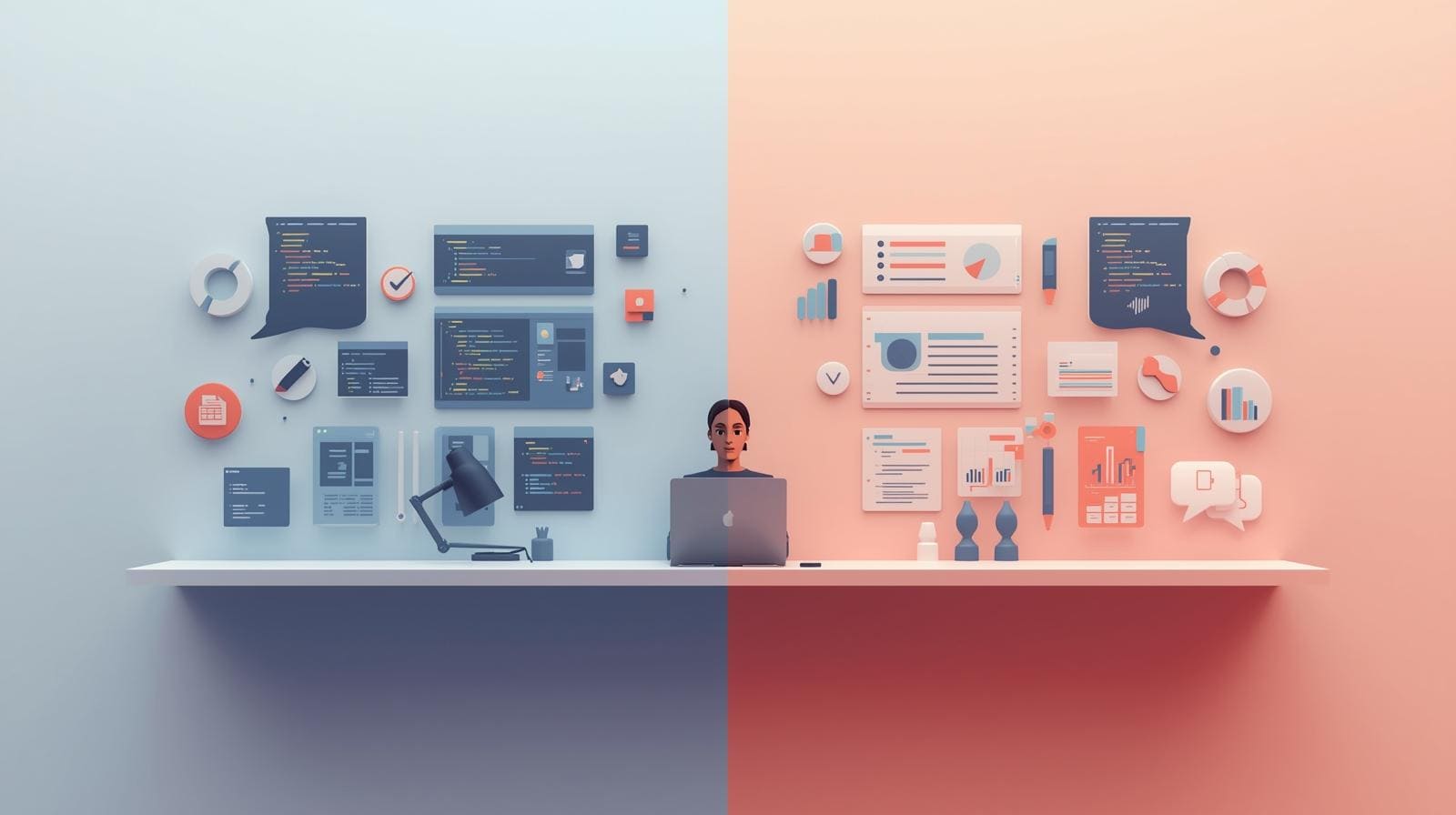 Minimalist split-screen illustration showing a developer at a desk with a blue interface on the left and a pink interface on the right.