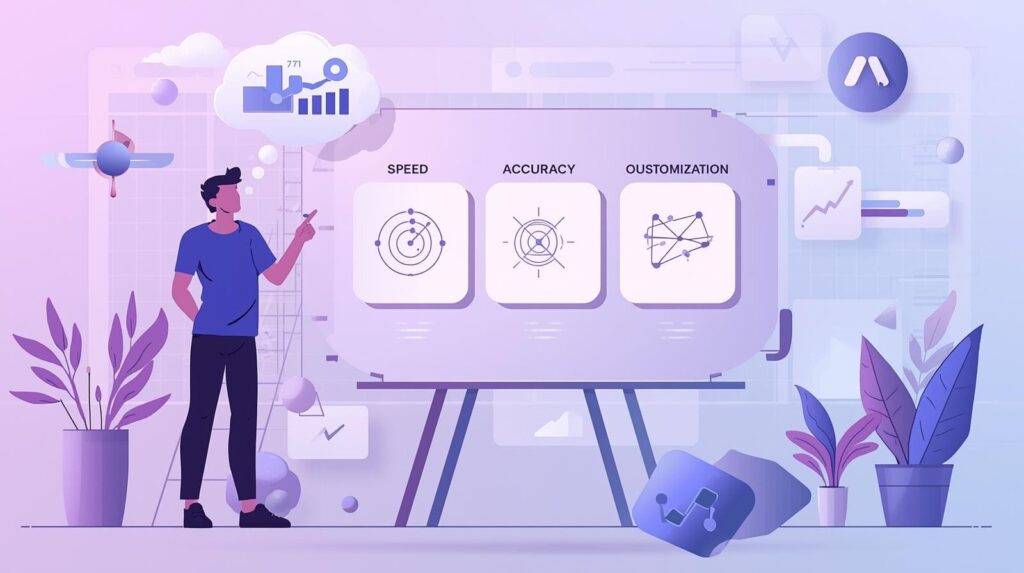 Illustration of a presenter pointing to a board displaying speed, accuracy, and customization metrics.