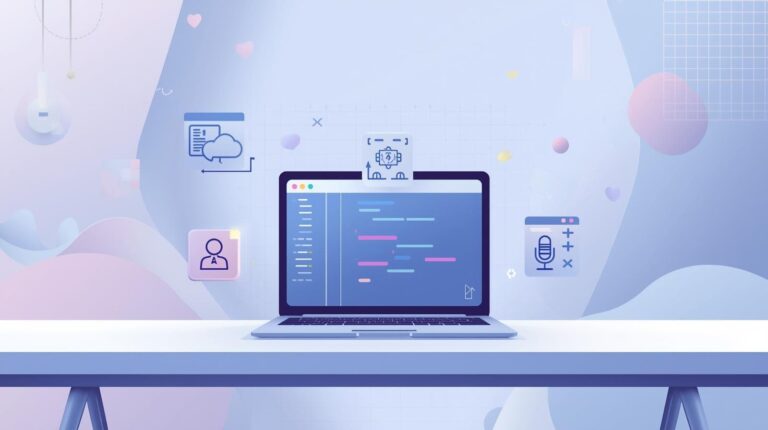 Laptop screen displaying code surrounded by floating icons for cloud, audio, and user data.
