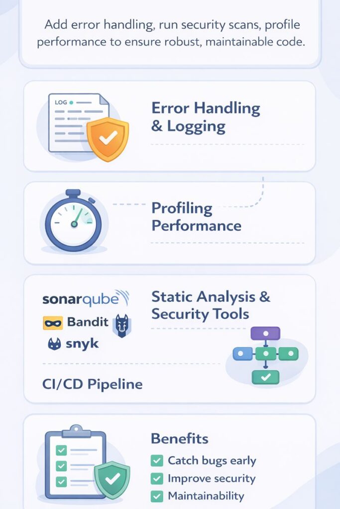 [simple steps to refine AI-generated code]: Illustration showcasing techniques to improve code quality, including error handling, security scans, and performance profiling.

